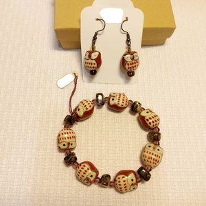 Ceramic Stone Beaded Owl Bracelet & Earrings Jewelry set